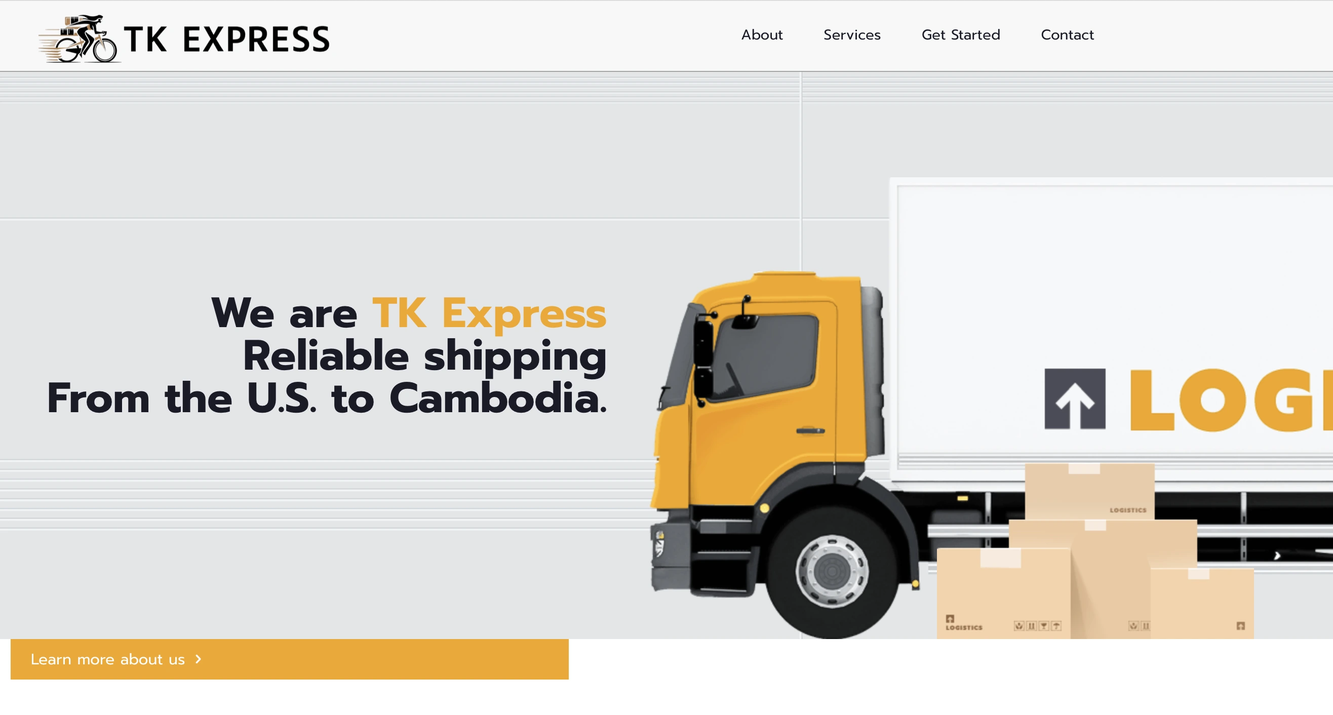 TK Express logistics website showing international shipping services between Cambodia and USA with tracking features